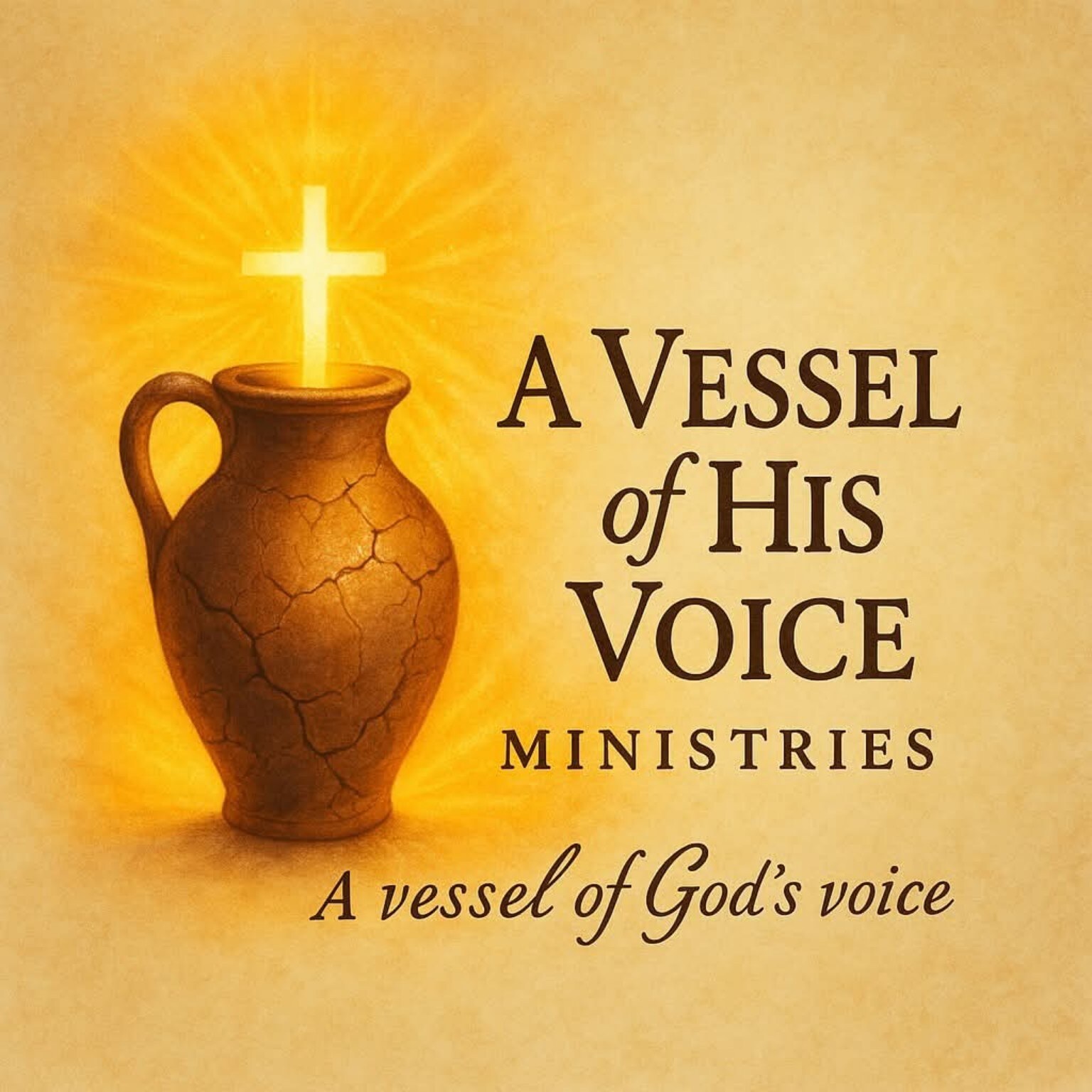A cracked earthen vessel illuminated by a cross with the words A Vessel of His Voice Ministries