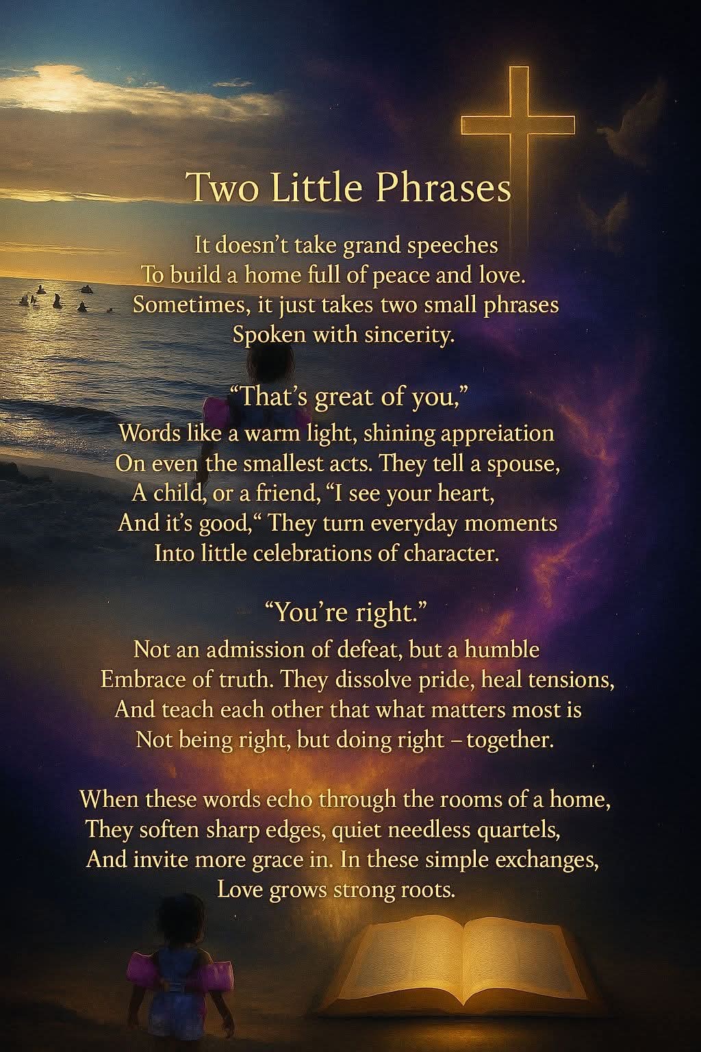 Teaching graphic titled Two Little Phrases about appreciation and humility