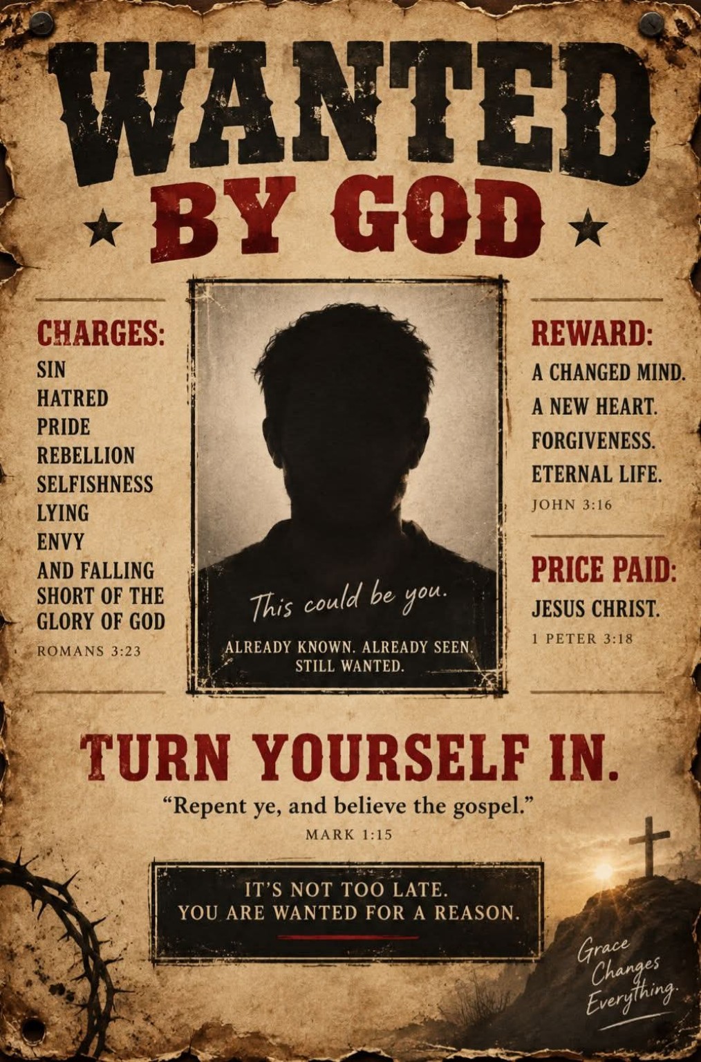 Vintage Wanted by God Gospel poster listing sin, hatred, pride, rebellion, selfishness, lying, envy, and falling short of God's glory; offering a changed mind, a new heart, forgiveness, and eternal life through Jesus Christ